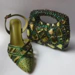 INSIGHTLINK Luxury Olive Green Rhinestones Women's Shoe and Bag Set for Party Wedding Crystals Heeled Pumps and Handbag Sandals
