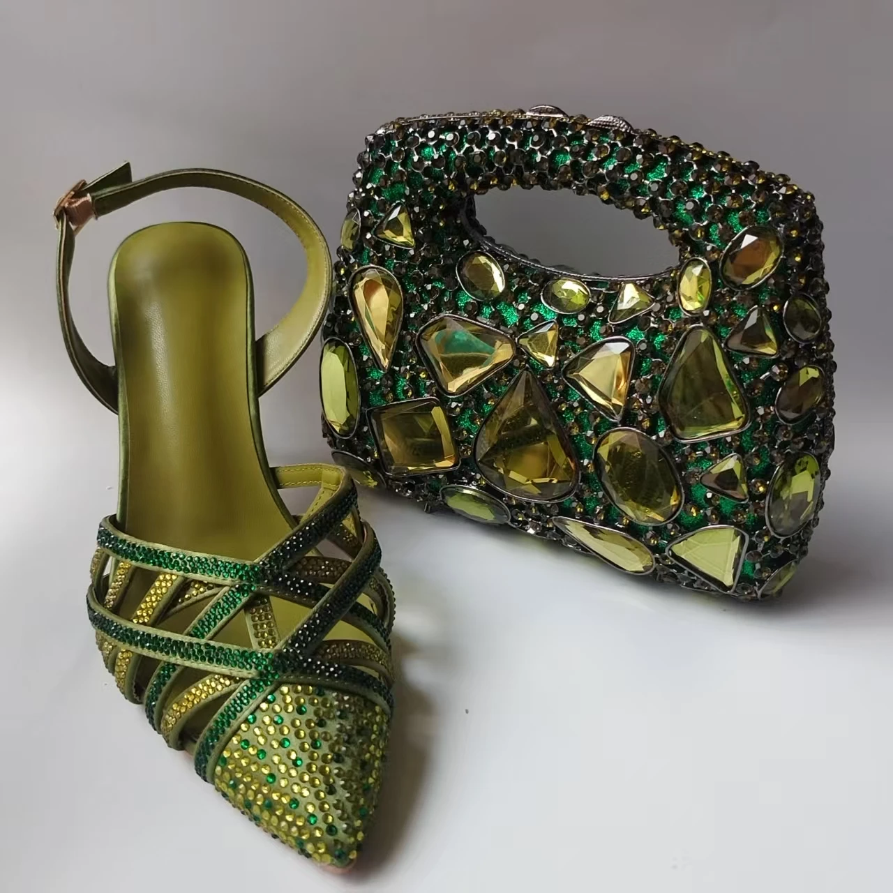 kf-Se0bcd70f54ac458dbe5b0ec61590b653L INSIGHTLINK Luxury Olive Green Rhinestones Women's Shoe and Bag Set for Party Wedding Crystals Heeled Pumps and Handbag Sandals - Image 1