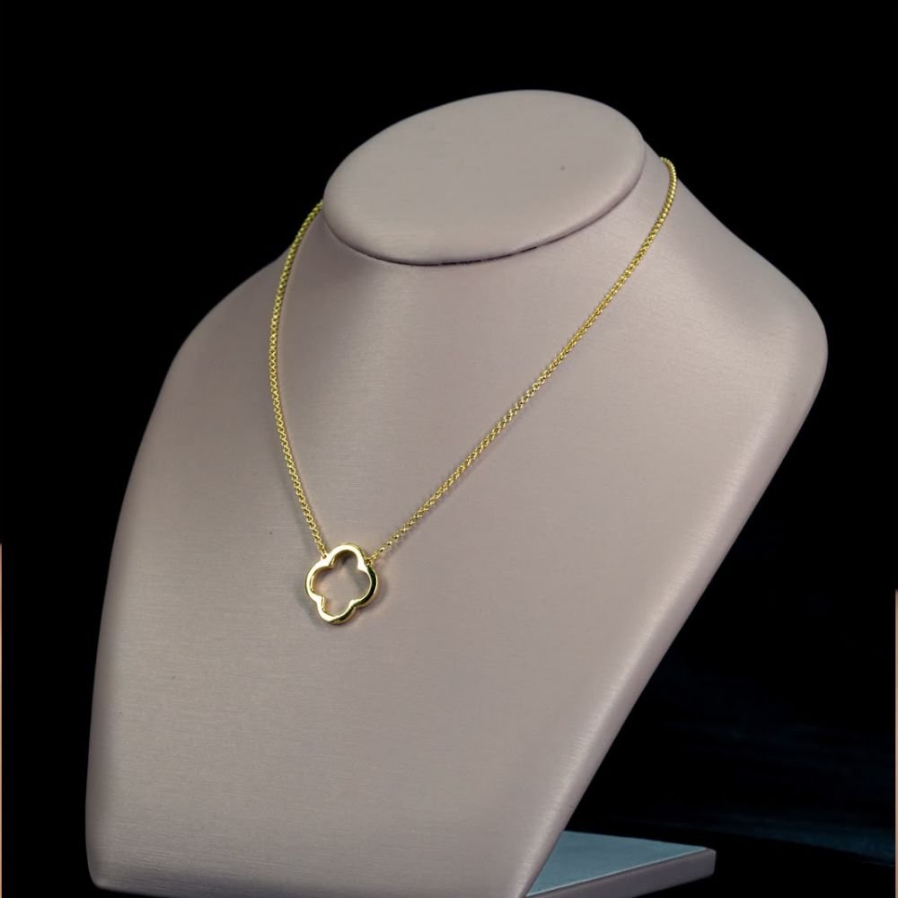 VR04N (1) Open Clover Rolo Necklace – Sterling Silver, 18K Gold Plated (16"+3") - Image 1
