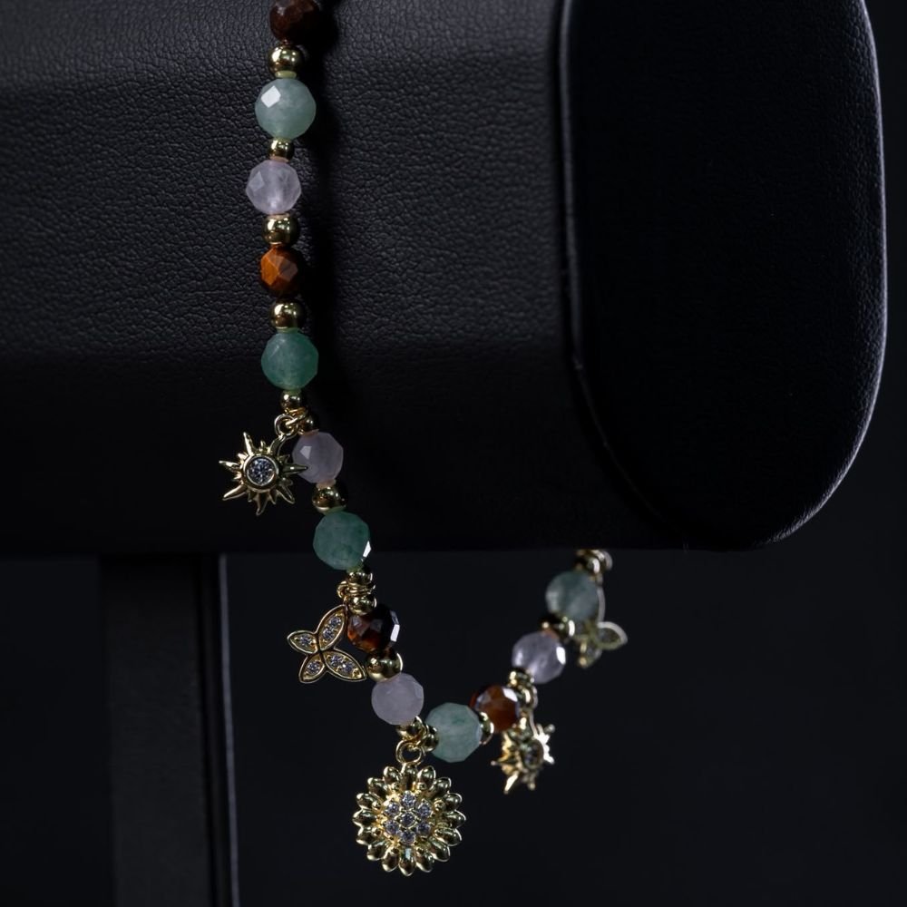 VR13B Genuine Aventurine, Rose Quartz & Tiger's Eye Charm Bracelet – Sterling Silver, 18K Gold Plated (6.5"+1") - Image 1